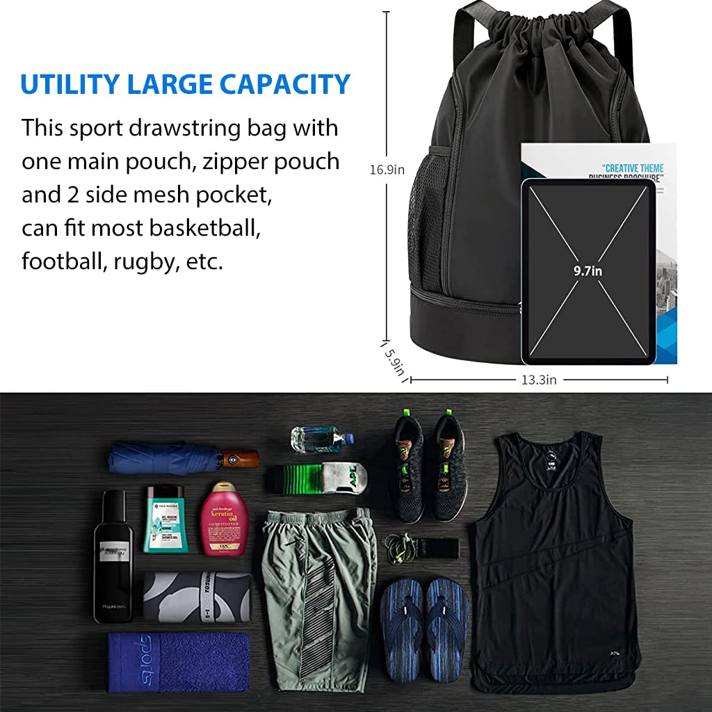 Optifit Drawstring Bag for Teens Men Women Gym Sports with Shoe Compartment, Double Layer Large Capacity Waterproof Drawstring Backpack for Basketball Football Outdoor Sports