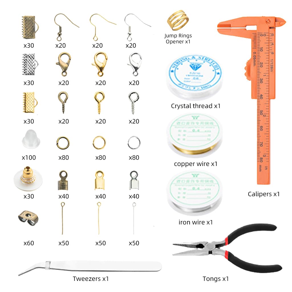 HASTHIP 977 PcsCrimp Beads Kit for Jewelry Making, Knot Covers, Crimp Bead Covers, Crimp Tubes, Jump Rings and Wire Guardians with Crimping Pliers, Elastic String for Bracelets Necklaces Making