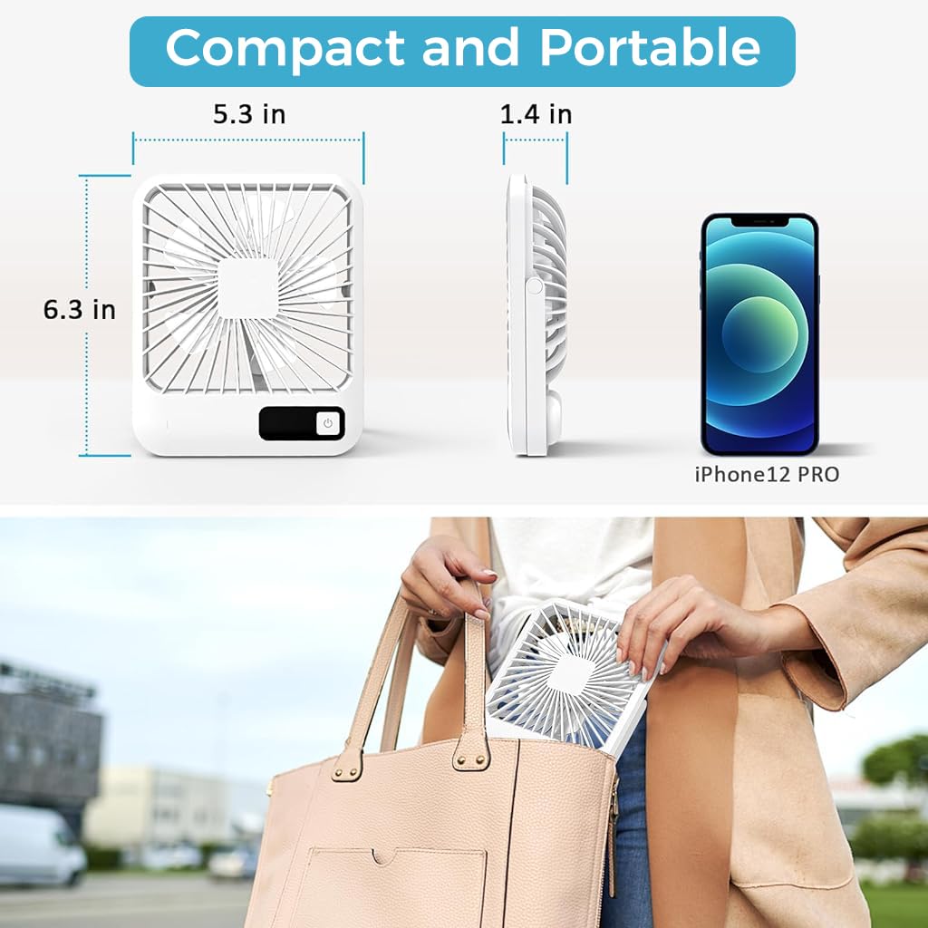 HASTHIP Table Fan - 2000mAh Portable USB Fan with 5 Speeds, Mini USB Desk Fan with Power Display, Ultra Quiet Desktop Fan Suitable for Home Office Travel Desktop Outdoor (White)