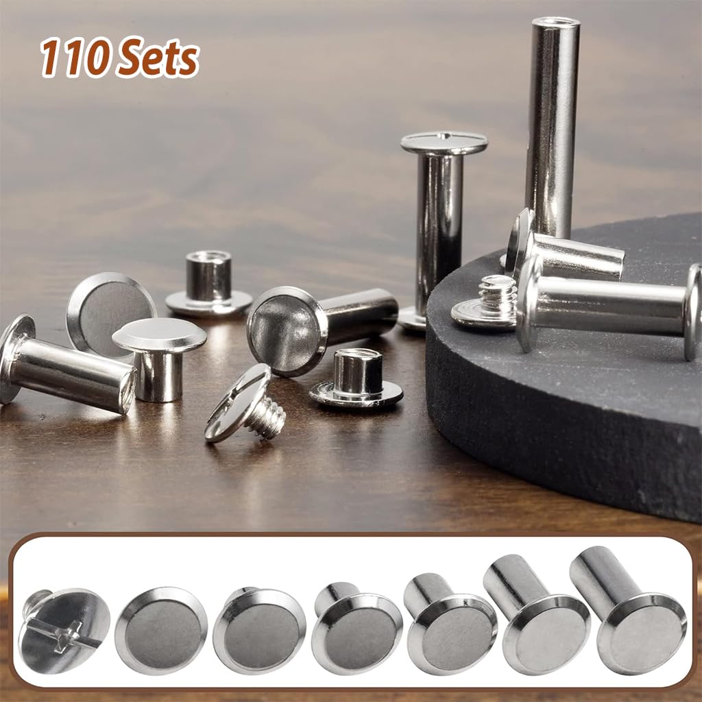 HASTHIP 110 Sets Chicago Screws Kit Silver Metal Chicago Screws of 6 Sizes Leather Rivets Chicago Screws for DIY Leather Crafting Chicago Screws for Leather Belt, Handbags, Luggage Straps, Satchels