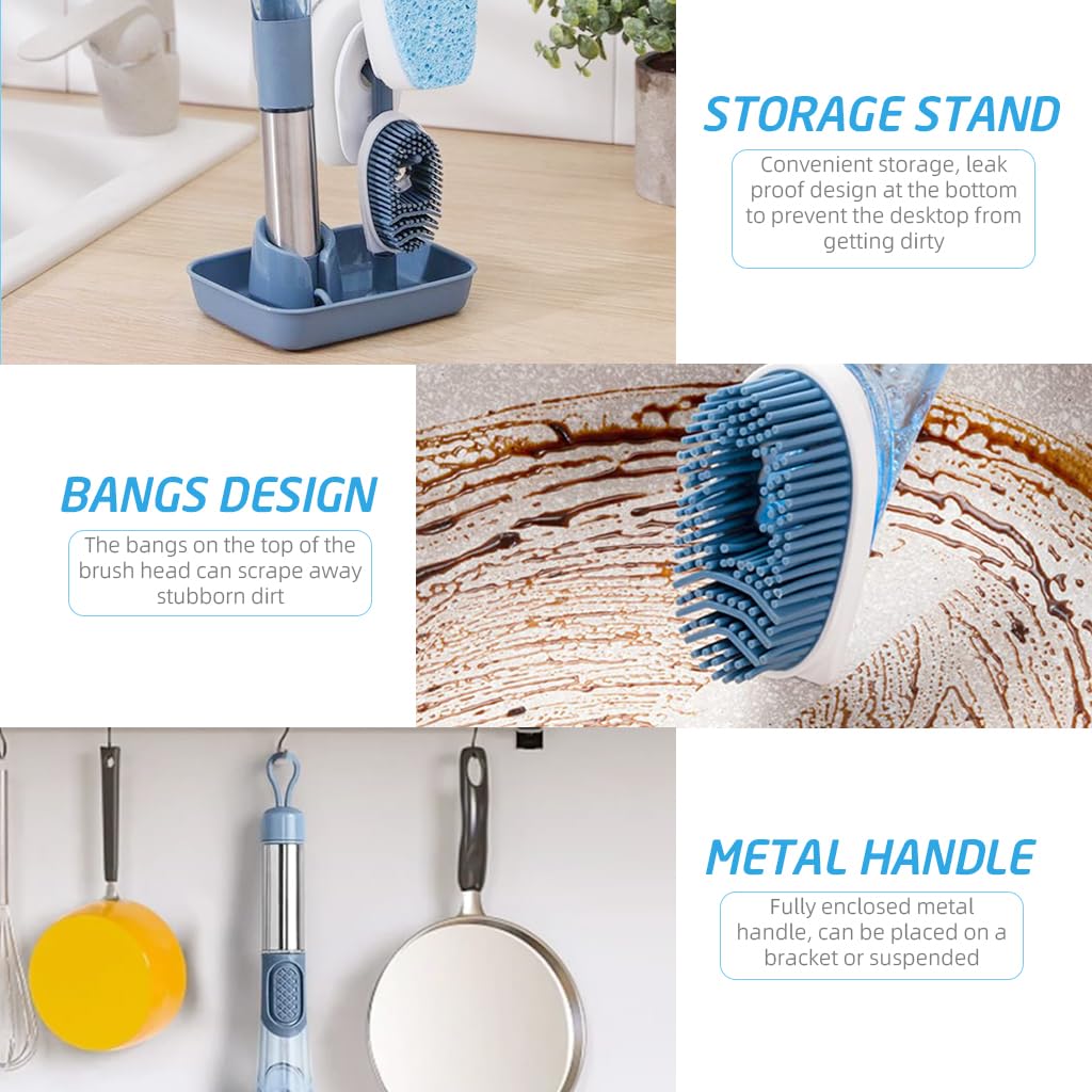 Serplex 4 in 1 Dish Washing Scrubbers with Tray Holder Multipurpose Dish Cleaning Brush with Cleanser Dispensing Dish Cleaning Brush Non-Scratch Kitchen Cooker Cleaning Scrubbers for Pan, Pot, Sink