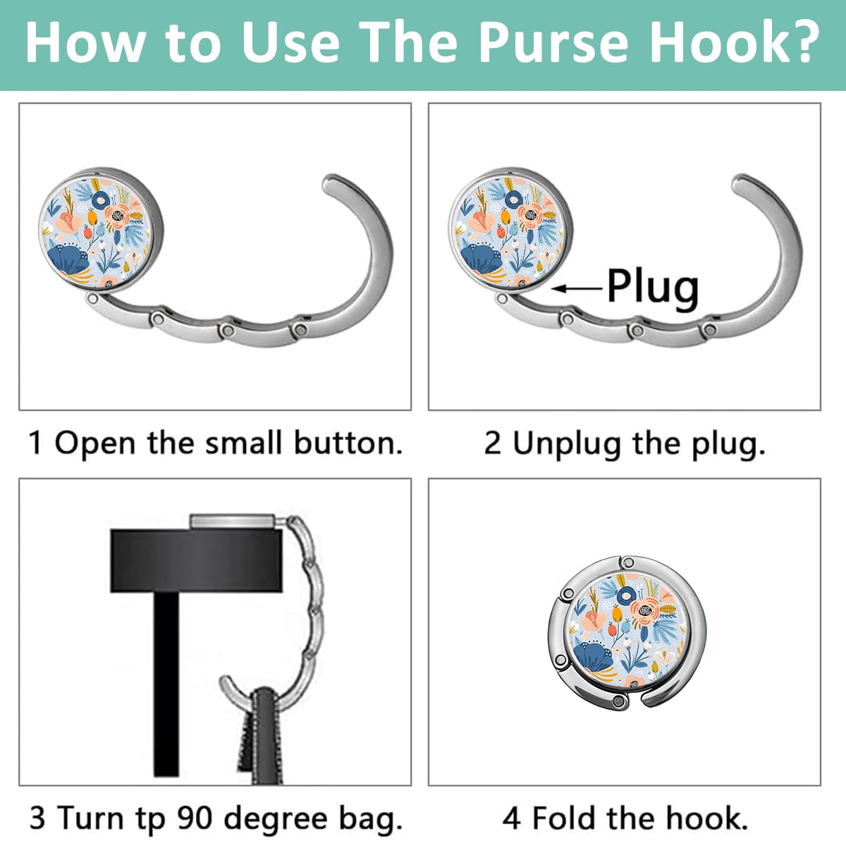HASTHIP 3Pcs Desk Bag Hanger Pretty Floral Design Metal Bag Hanger Portable Folding Bag Ring Hanger for Table, Office Desk Aluminum Alloy Removable Hooks for Bags, Handbag, Backpack