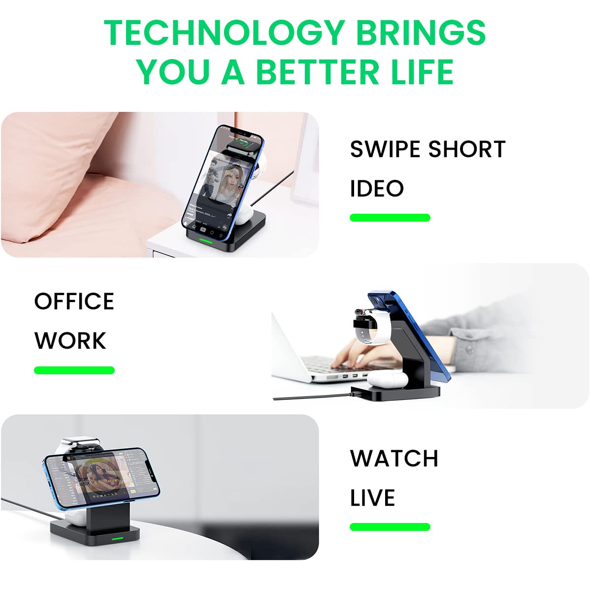 ZORBES Magnetic Wireless Charging Station for Apple Series, 3-in-1 Standard 15W Fast Mag-Safe Charger Stand for iPhone 14, 13, 12 Pro Max/Pro/Mini/Plus, iWatch 8/7/6/5/4/3 use