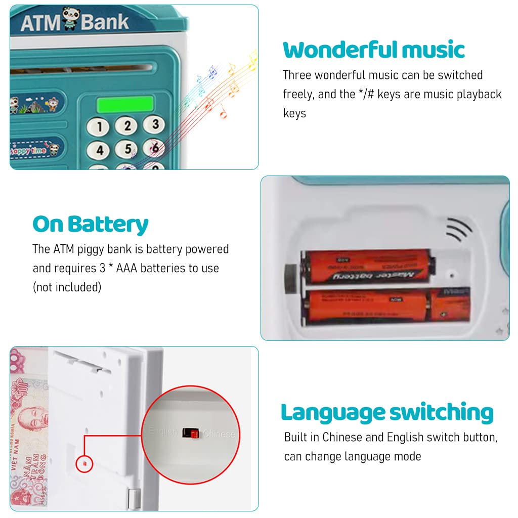 PATPAT Electronic ATM Piggy Bank for Kids, Money Bank with Password and Fingerprint Lock, Automatic Paper Money Saving Box with Music, Gift Toy for Kids Boys Girls Children's Day Gift, Blue