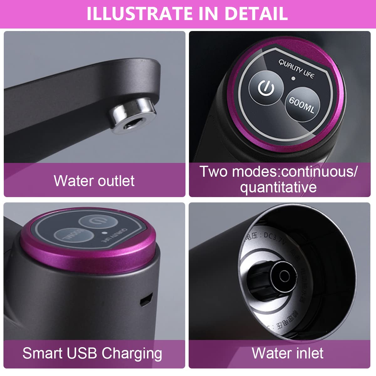 HASTHIP Automatic Water Dispenser Pump, Portable Can Water Dispenser Pump with USB Rechargeable Battery Suitable for Water Can with A 2.16-Inch (5.5cm) Neck, for Home, Office, Outdoor Etc (Black)