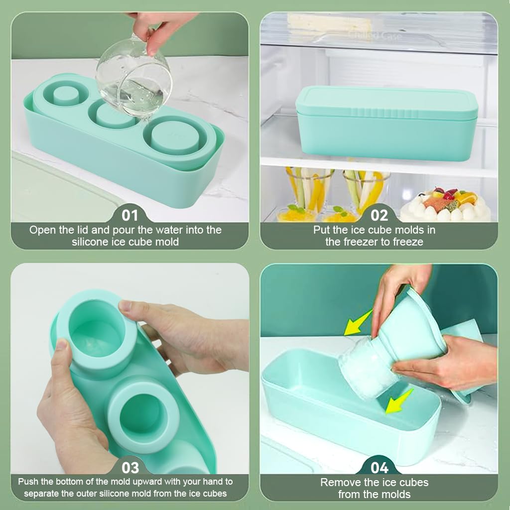 Ice Cube Tray for Tumbler Cup, 3 Pcs Silicone Cylinder Ice Mold with Lid and Bin for Freezer, Ice Drink, Juice, Whiskey, Cocktail, Summer Gifts (Green)