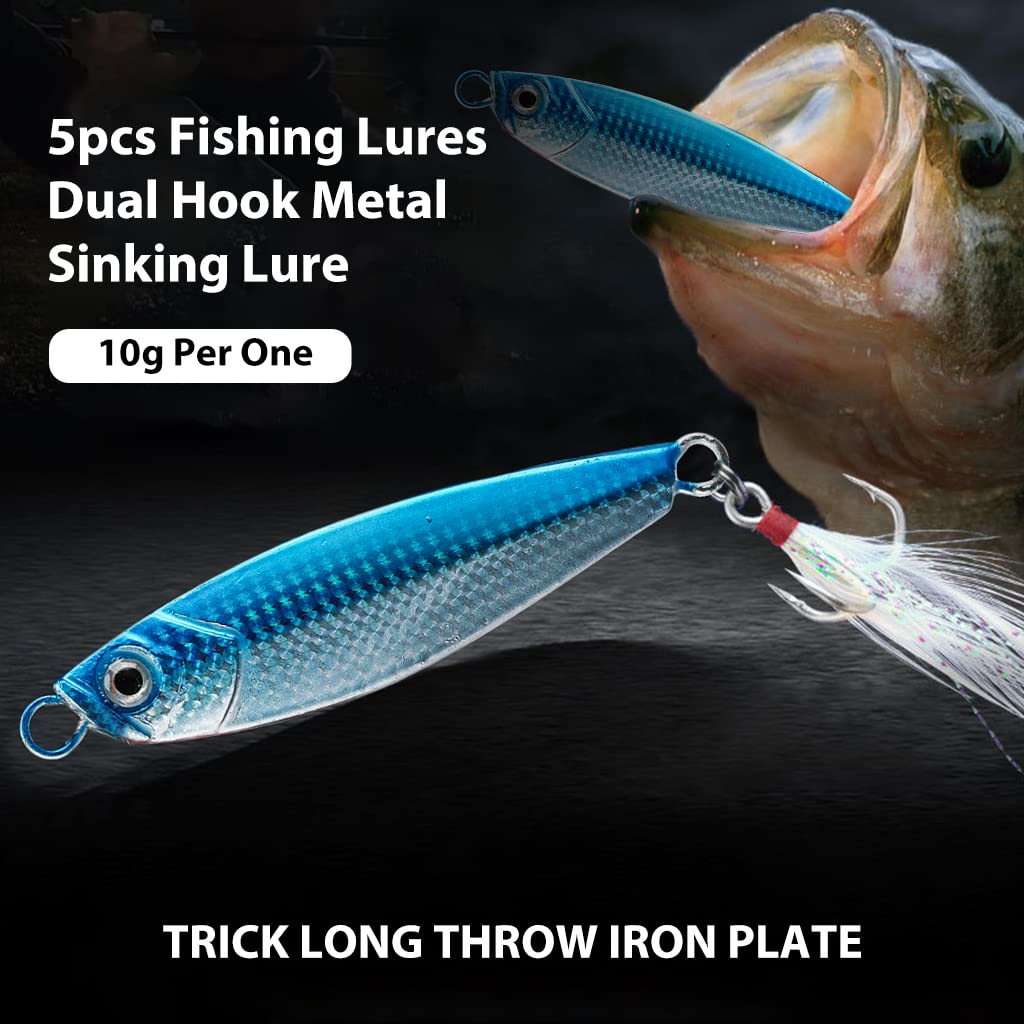 Proberos 5Pcs Fishing Lures, Dual Hook Metal Lures, Sinking Fishing Lure Bait for Saltwater Freshwater Trout Bass Salmon Fishing, Lifelike Eyes, 5 Colors Fishing Lures of 4.8cm, 10g Per One