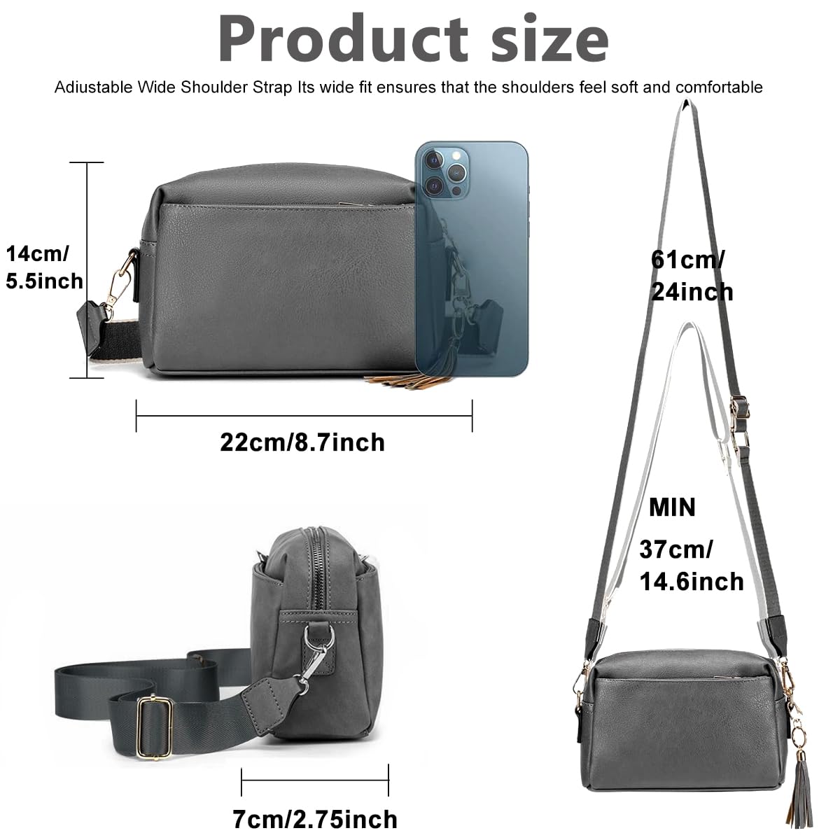 PALAY Small CrossBody Bags for Women PU Leather Phone Bag Square Shoulder Bag With with Adjustable and Removable Wide Strap