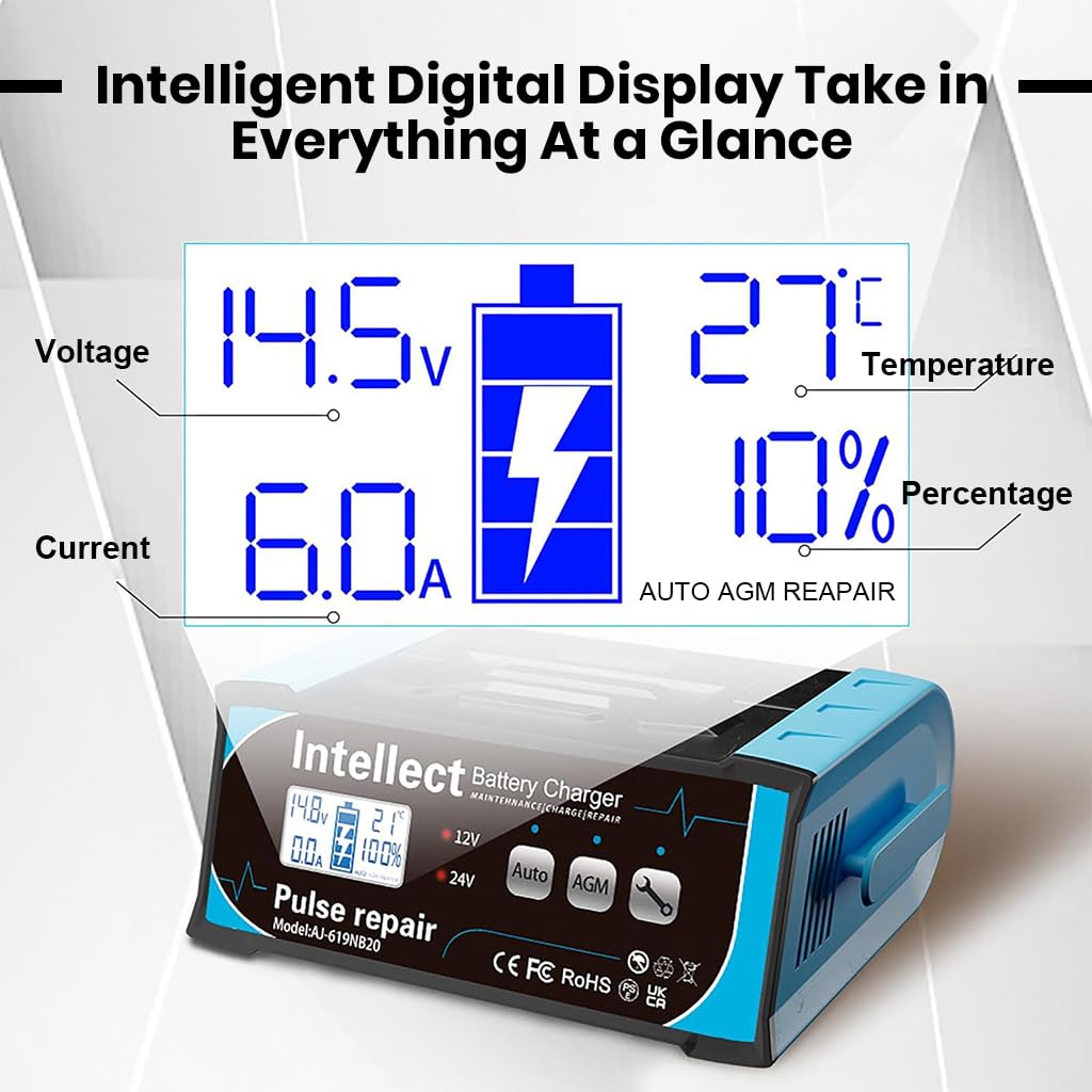 STHIRA Battery Charger 12V/24V Intelligent Car Battery Charger Battery Repair Charger Plug and Go Battery Charger LCD Multifunctional Car Battery Charger Portable Battery Charger