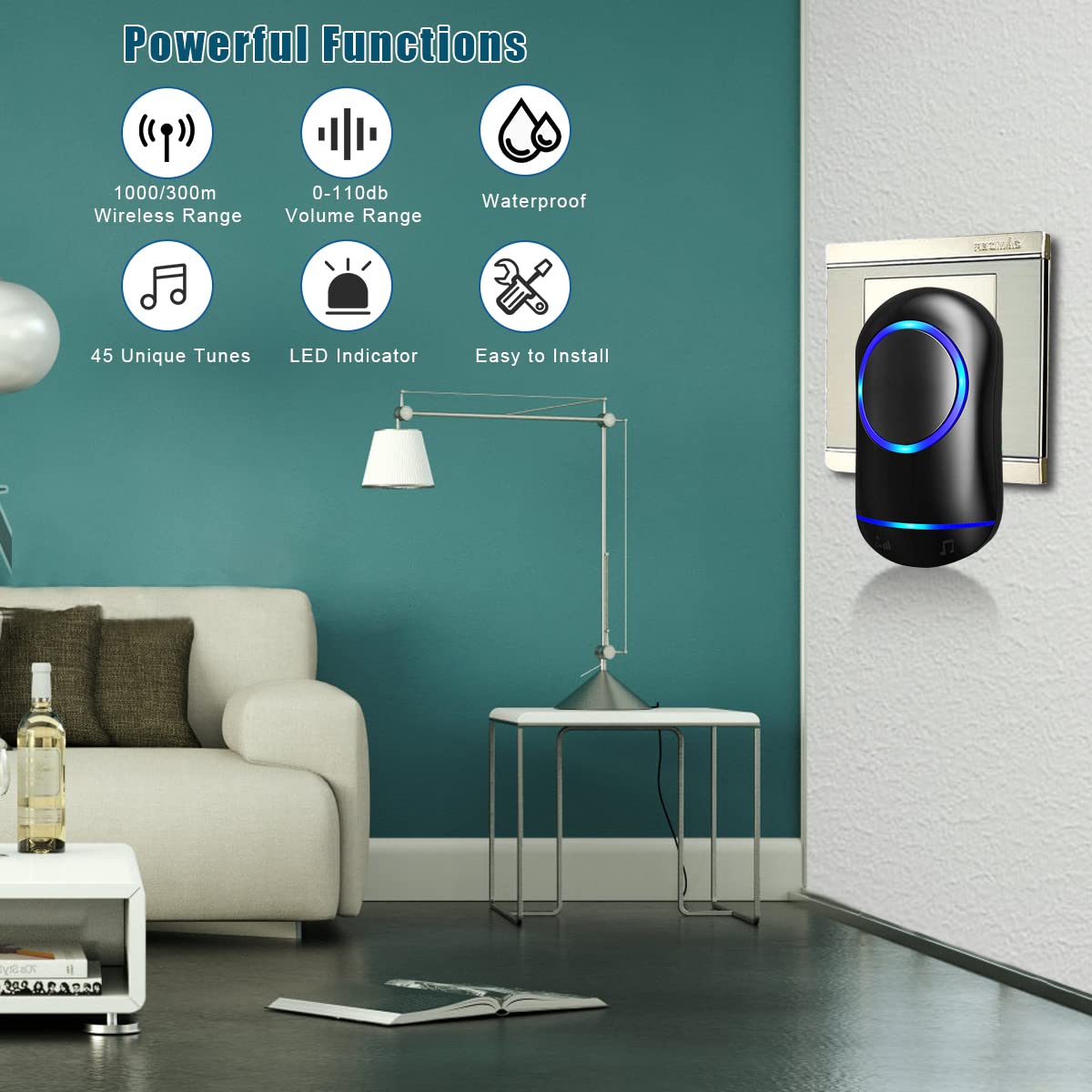 HASTHIP Self-Powered Door Bell for Home Electrical Wireless Door Bell Waterproof IP44 2 Receiver & 1 Transmitter Ding Dong Bell with Flashing Light Smart Door Bells 45 Ringtones 4 Level Volume