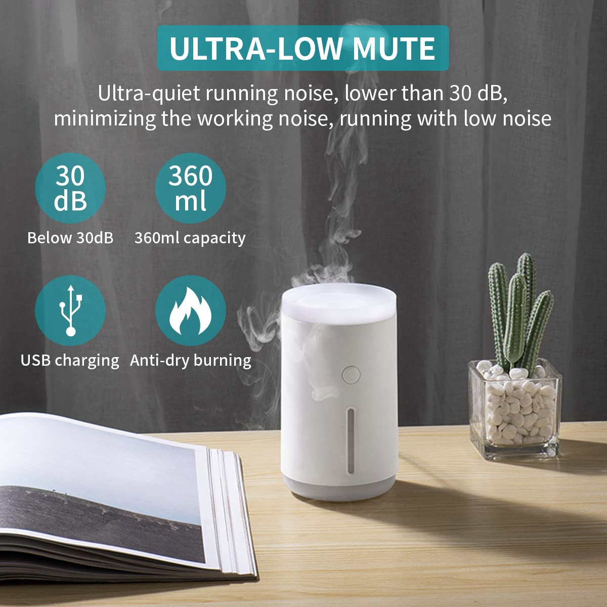 HANNEA Humidifier for Room Moisture 360ML Air Humidifier for Bedroom 30dB Ultrasonic Cool Mist Car Humidifier with Warm & White Light Desktop Humidifier Auto Shut-Off with 2 Modes and Jellyfish Spray