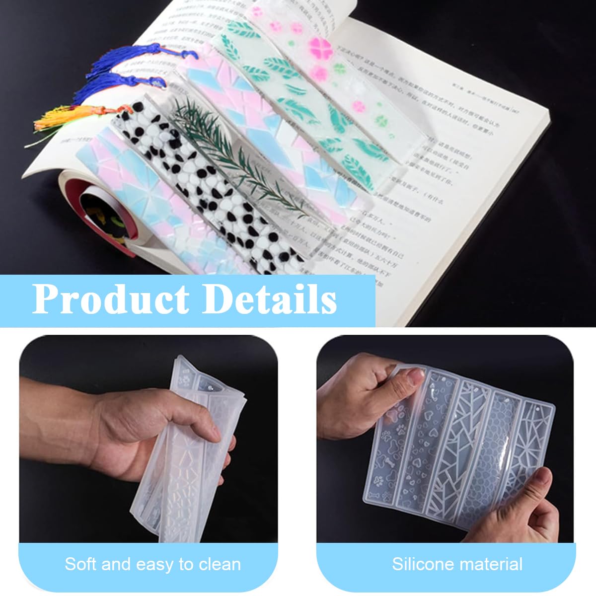 HASTHIP 1PC Shiny Bookmarks Silicone Mold, DIY Bookmark Resin Mold Rectangle Bookmark Silicone Molds with 8pcs Colorful Tassels for Jewelry DIY