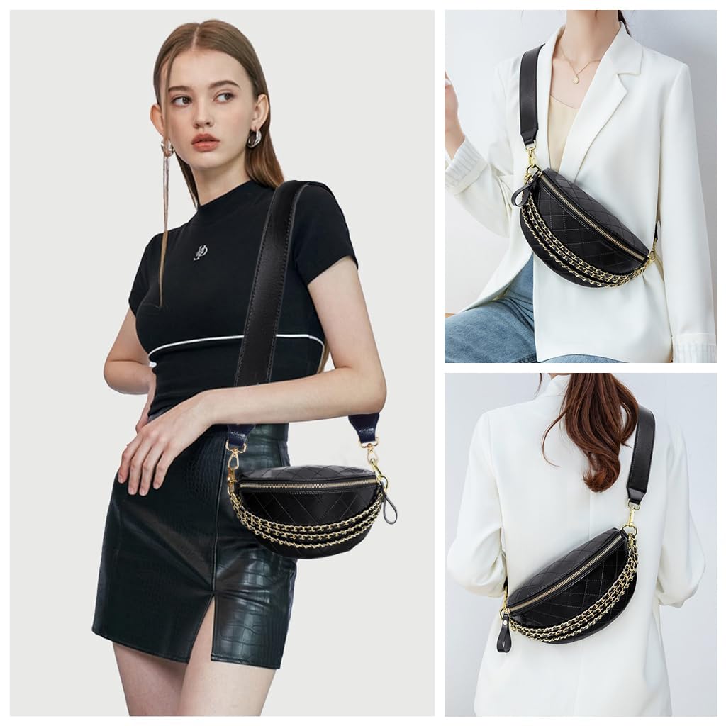 PALAY Sling Bag For Women PU Leather Crossbody Bag for Women with Chain Bag Wide Shoulder Strap Mobile Pouch for Women Daily, Black