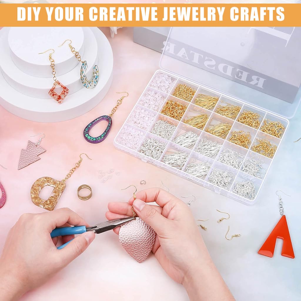 MAYCREATE 2000Pcs DIY Earring Making Kit Golden & Silver Earring Hooks Jump Rings Earring Backs Headpins Eyepins and Tweezer Earring Findings for DIY Earring Making Jewelry Making