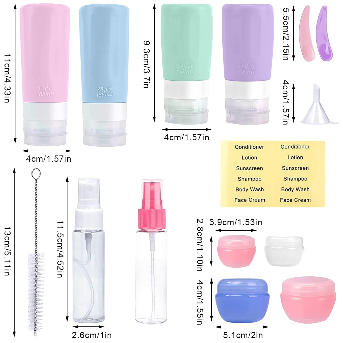 MAYCREATE Set of 14 Travel Bottles for Toiletries, Leak Proof Silicone Squeezable Container Spray Bottle for Shampoo, Gel, Cream Jars, Lotion Dispenser -with Applicator, Funnel, Clean Brush Set