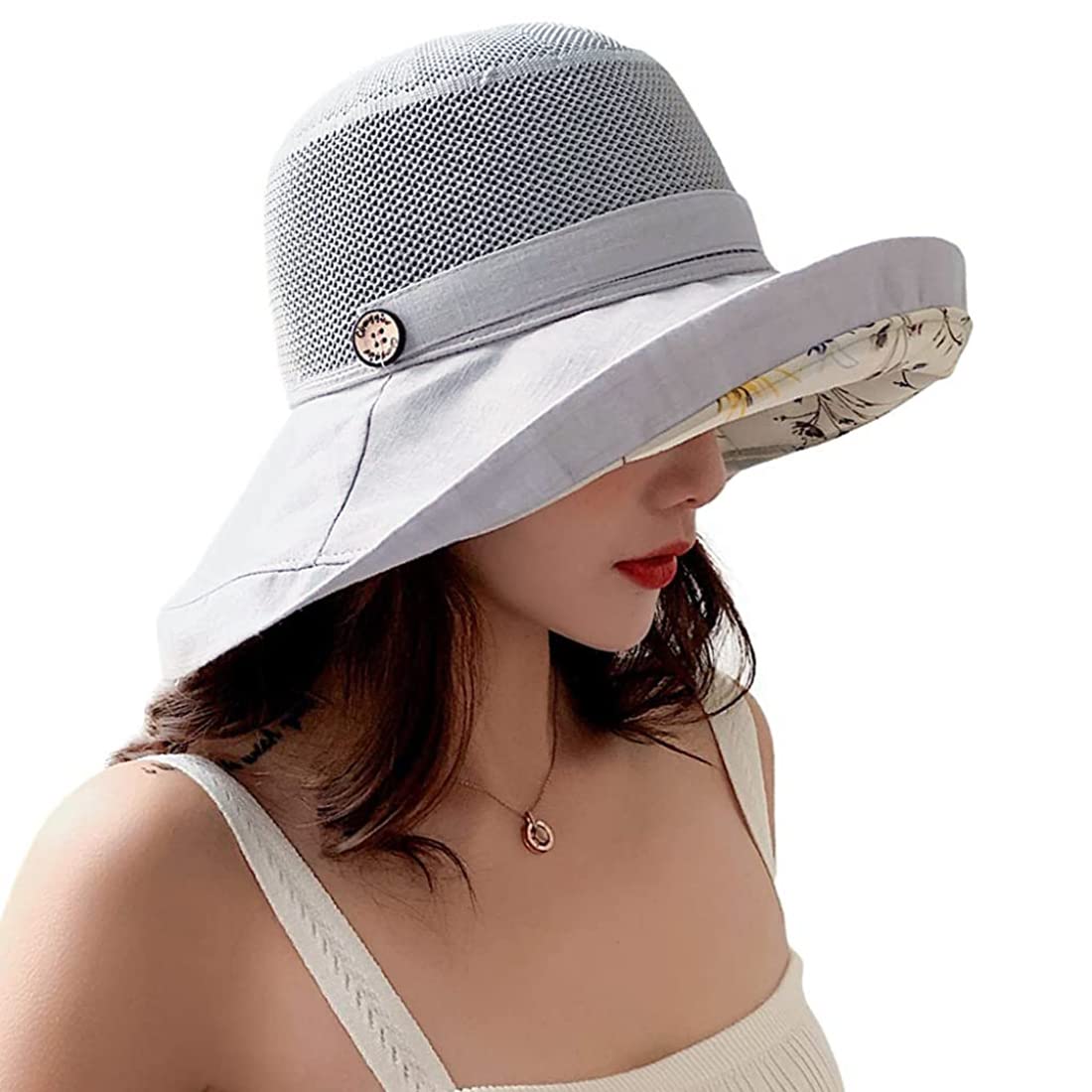 PALAY UV Protect Sun Wide Brim Hats for Women, Summer Breathable Casual Mesh Cotton Foldable Bucket Hat (Grey)