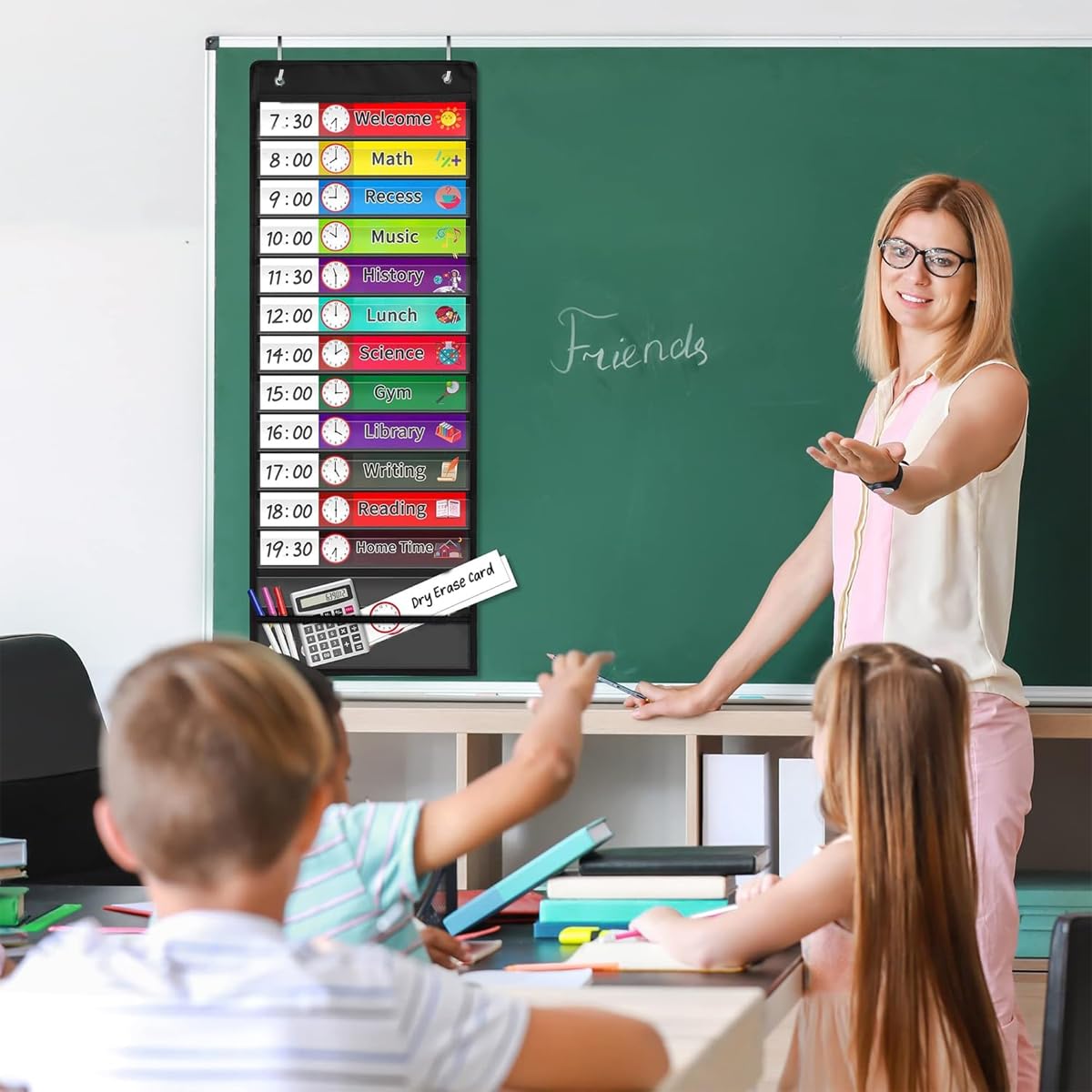 Climberty 13-Pocket Wall Hanging Classroom Schedule Chart with Color-Coded Subject Labels, Reusable Daily Class Schedule Reminder for Classroom Office Home Preschool Learning