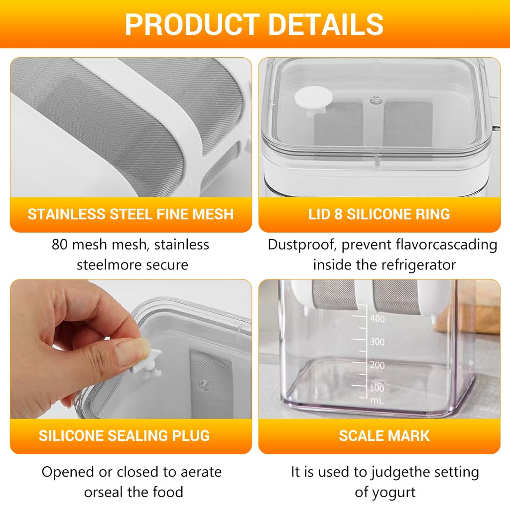 HASTHIP 1100ML Yogurt Strainer,Yogurt Filter Milk Strainer with Fine Mesh Bag,Lid And Scale Mark, for Making Thick Greek Yogurt,Soybean Milk,Kefir,Berries,Soup,Fruit Juice,Coffee