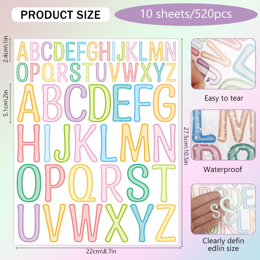 HASTHIP 10 Sheets Letter Stickers 2 inches /1Inch Color Alphabet Stickers Multicolor Alphabet Stickers for Bulletin Board DIY Crafts Art Making, Scrapbook Pages, Greeting Cards