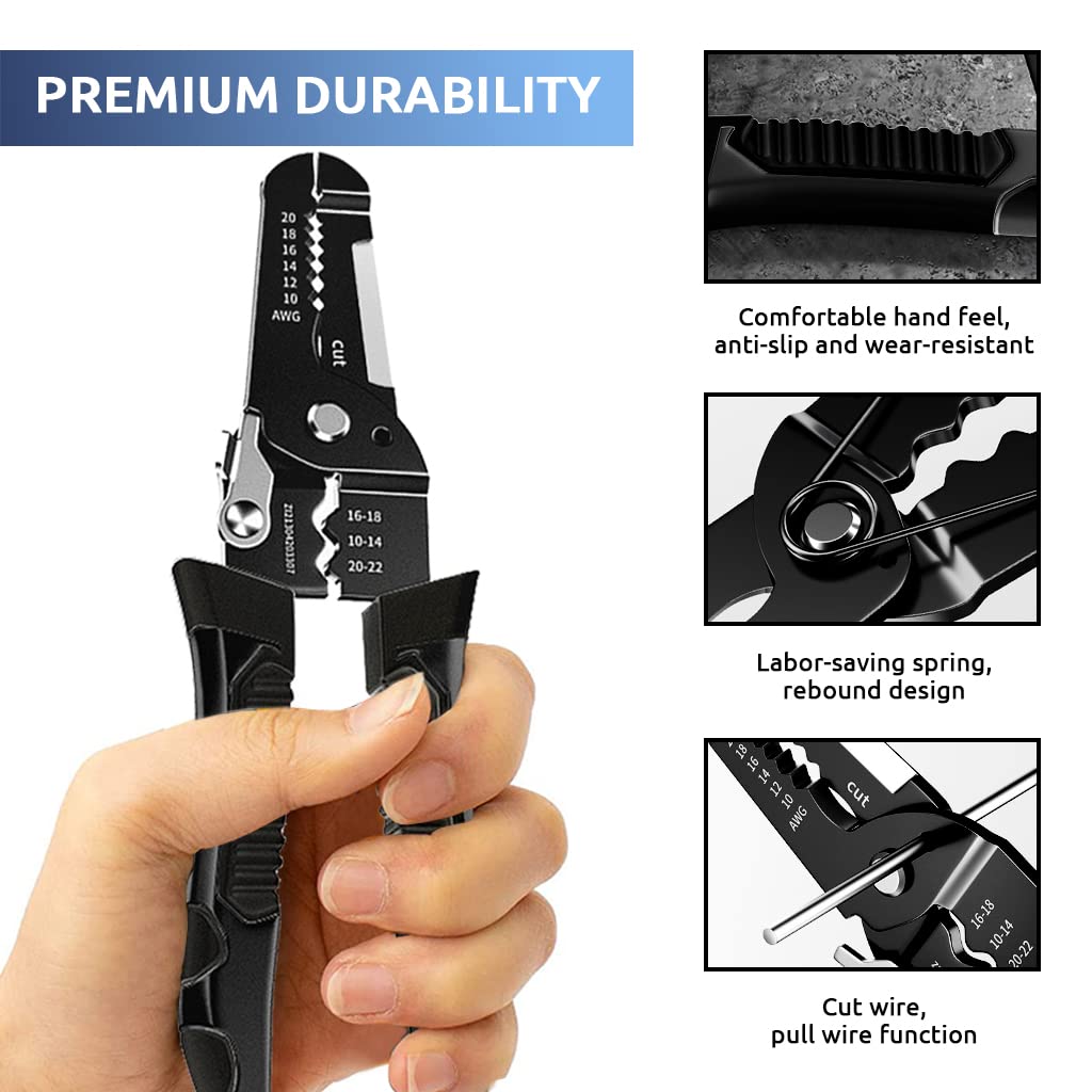 Serplex Wire Cutter Wire Stripper Cutting Plier 9 IN 1 Crimping Tool for 20-10 AWG Electrical Wire Cables, Wire Cutter Tool Electric Cable Stripping Tool with Safety Lock, Wire Stripper and Cutter