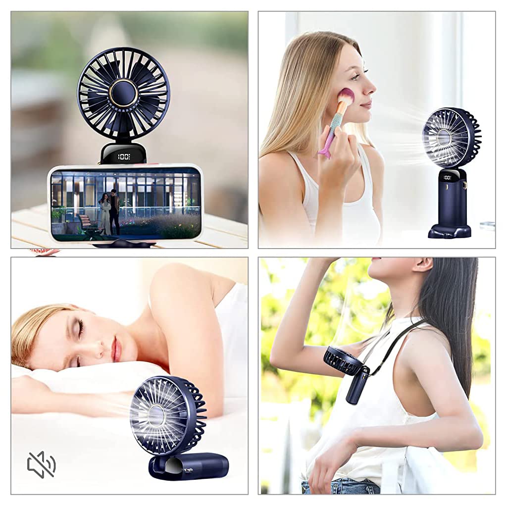 HASTHIP Hand Fan, Foldable 90° Mini Small Personal Fan, 3000mAh USB Rechargeable, 5 Adjustable Speeds Portable Hand Fan with Lanyard, Fragrance Sheet, Base and LED Battery Level Display (Blue)