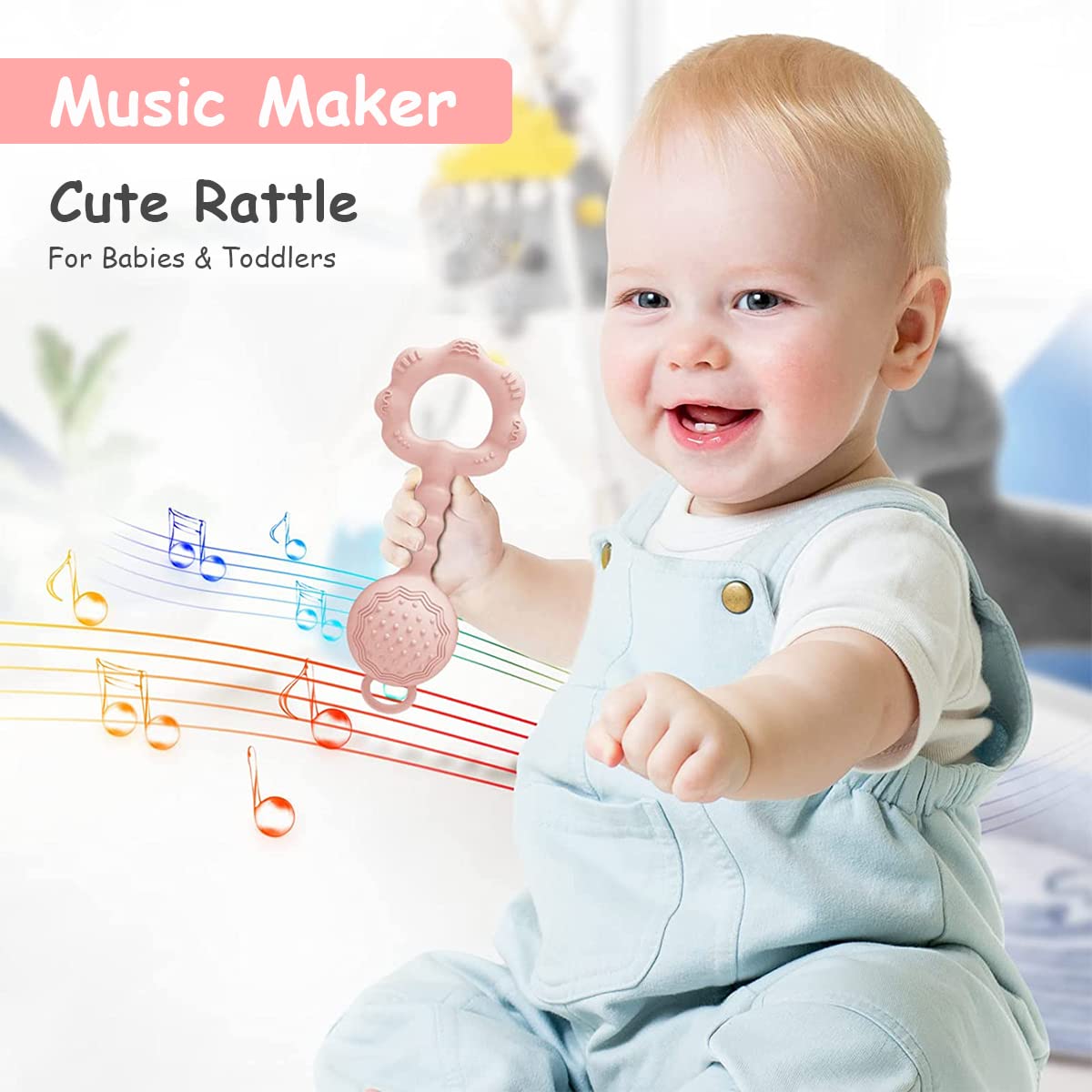 PATPAT Silicone Teether for 6 to 12 Months Baby BPA Free, Teether Rattles for Baby 0-6 Months with Textured Surface, 2 In 1 Baby Teether Rattle, Food Grade Teething Toys for Babies, New Born Baby Toy