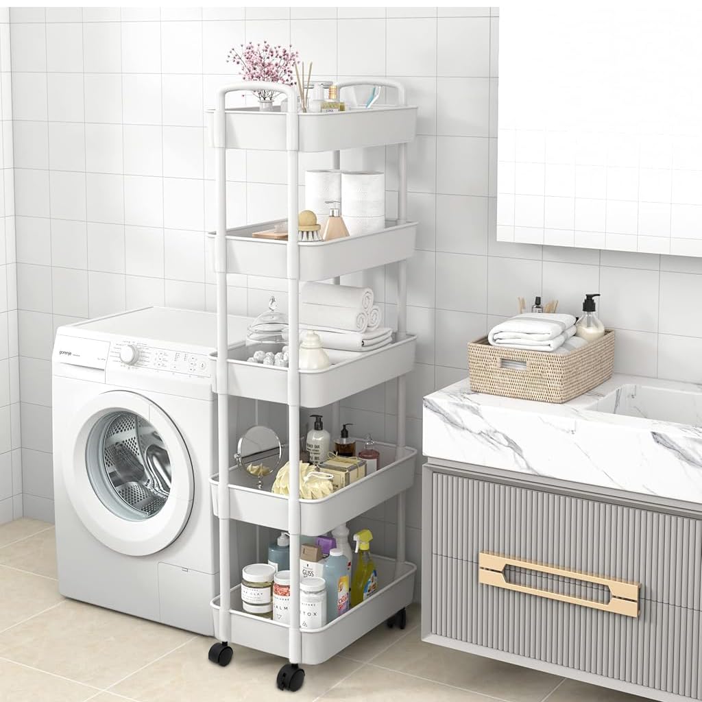 Supvox 5-Tier Home Organizer Cart Kitchen Organizer Cart Assembly Organizer Shelf with Wheels Moving Accessories Organizer Home Organizer Cart Bedside Organizer Rack, 37.5x26x72cm