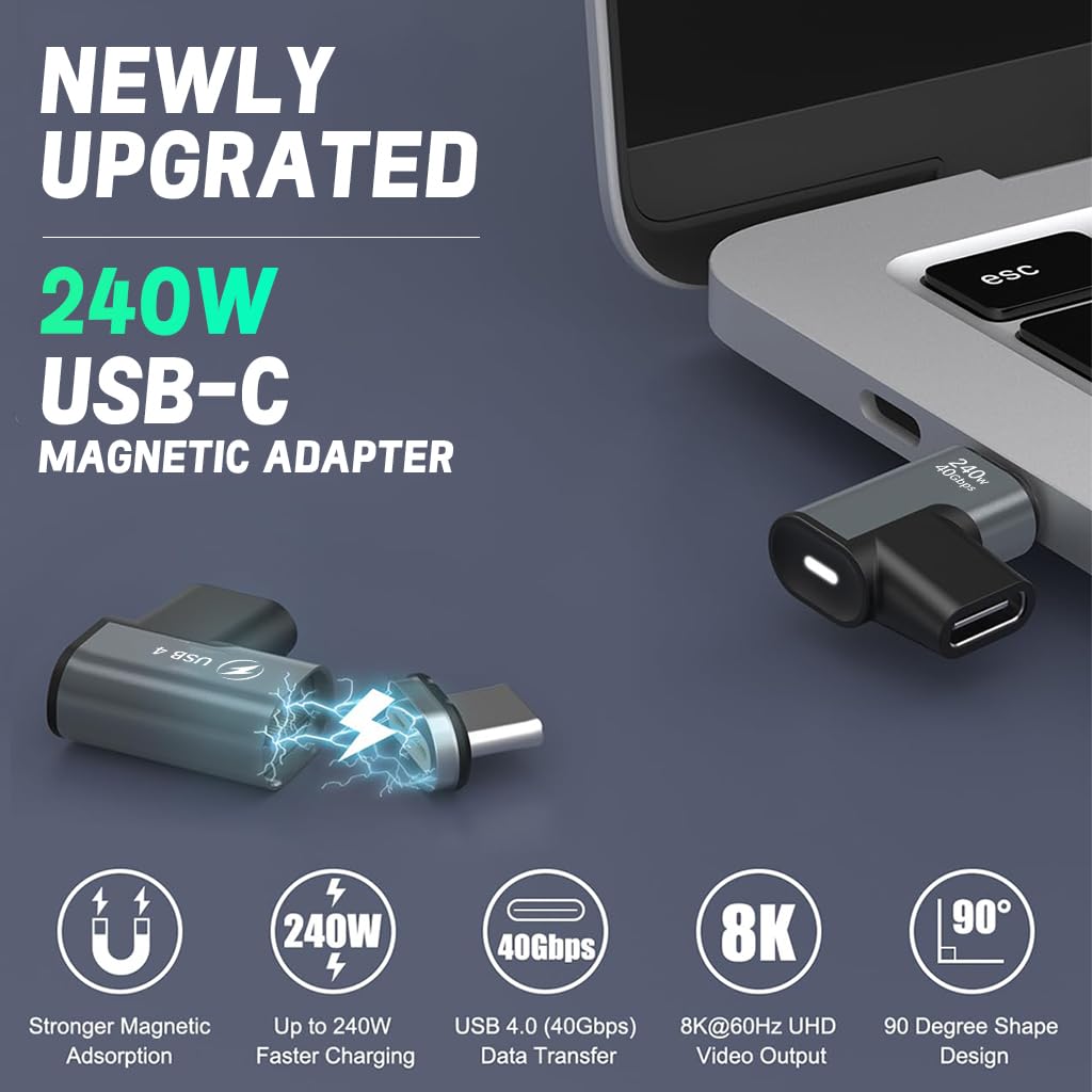 ZORBES 240W USB C Magnetic Adapter, 90 Degree Magnetic Breakaway USB C Adapter with Fast Charge USB4 40Gbps 8K 60Hz Video for Thunderbolt 3/4, MacBook Pro/Air/ROG Ally/Steam Deck/PS5 PSVR2