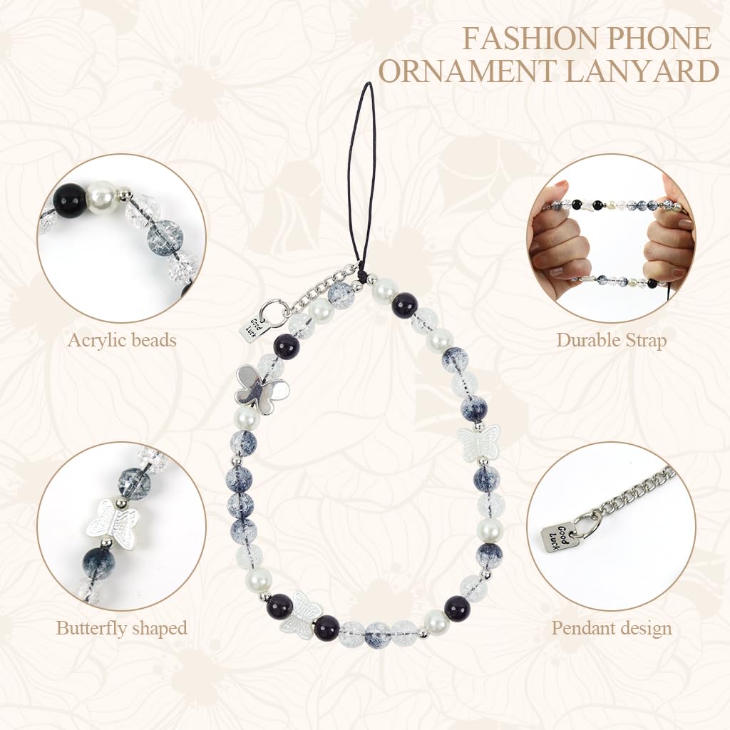 ZIBUYU Fashion Phone Lanyard Butterfly Black and White Beaded Phone Lanyard for Girls Acrylic Beaded Phone Lanyard Anti-slip Phone Lanyard Chic Phone Ornament Lanyard