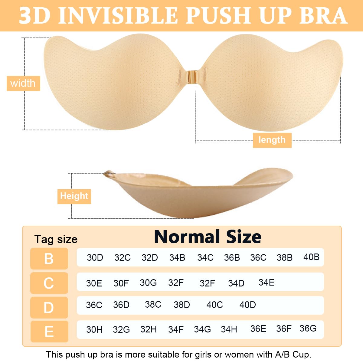 MAYCREATE Removable Push Up Bra Pads Invisible Women Push Up Bra Pad for D/E Cups Non-slip Sticky for Off-shoulders, Gown, Wedding Dress, Beige