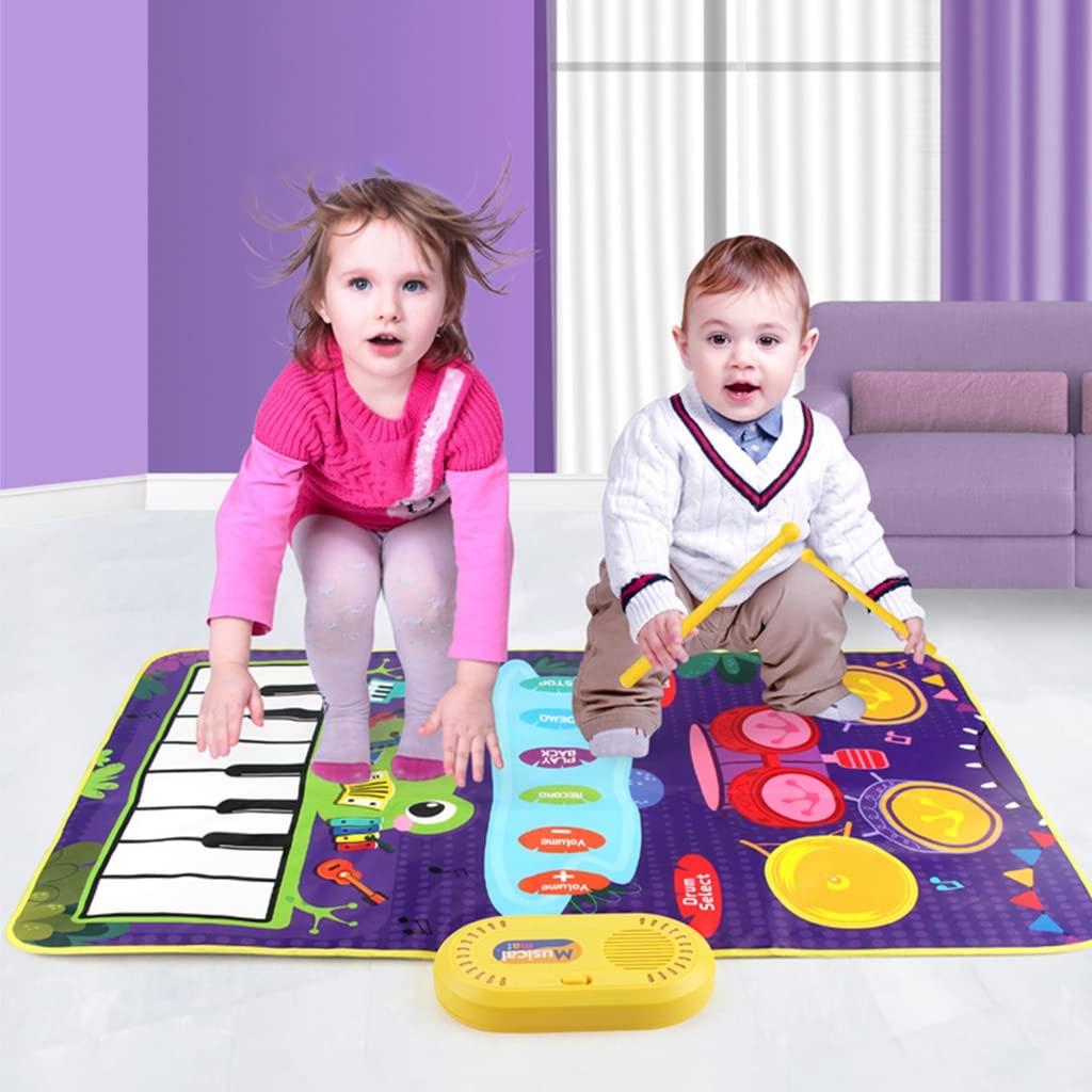 PATPAT Musical Mat for Kids 31.4x19.6 inch 2 in 1 Baby Piano Play Mat & Drum Musical Mat for Kids Musical Toys with 2 Drum Sticks Early Educational Toys Gifts for 1/2/3/4/5/6 Year Old Boys Girls