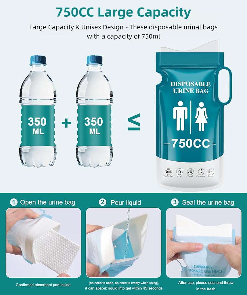 Proberos 5Pcs Urine Bags Unisex Disposable PE Urine Bags with Handle 750cc Capacity Ziplock Leaking Proof Urine Bags for Men Women Emergency Urine Bags for Outdoor, Driving, Camping, 13x27cm