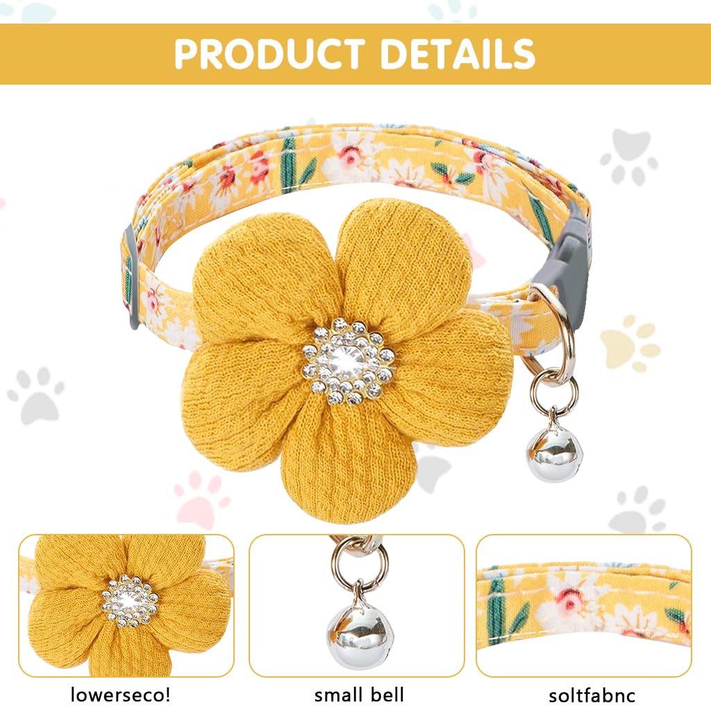 Qpets Yellow Cat Collar, Flower Cat Collar with Handcrafted Crochet - Quick Release Buckle, Plush for Comfort, Silver Bell Accessory