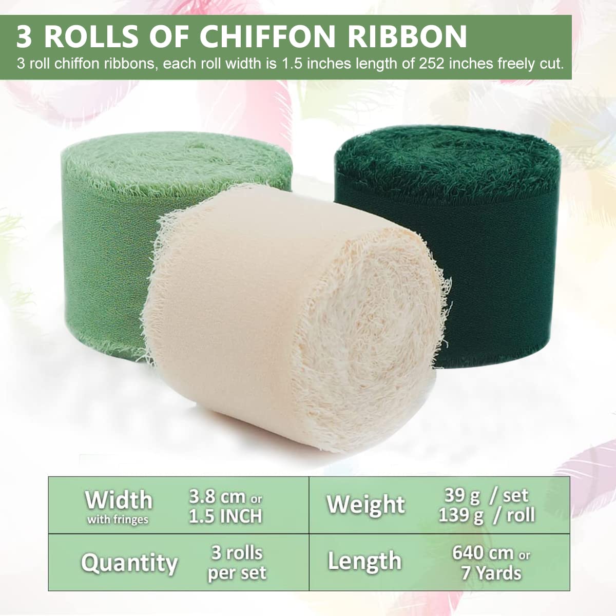 HASTHIP 3 Rolls Chiffon Ribbon Fringe Chiffon Silk-Feel Ribbons, Cream & Green Ribbons Set for DIY Craft, Wedding Decoration, Bridal Bouquets, Gifts Wrapping (1.5