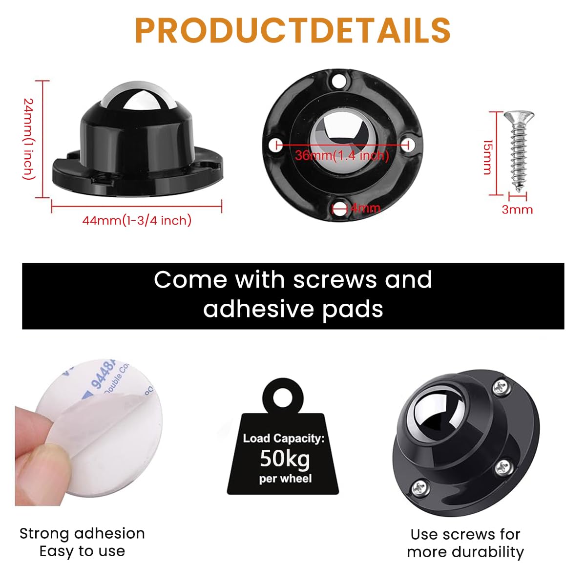 HASTHIP 8Pcs Caster Wheel Self Adhesive Caster Wheel 360° Swivel Wheels for Furniture, Small Appliance, DIY Modification Moving Table Heavy Duty Caster Wheels 400Kg Loading Capacity