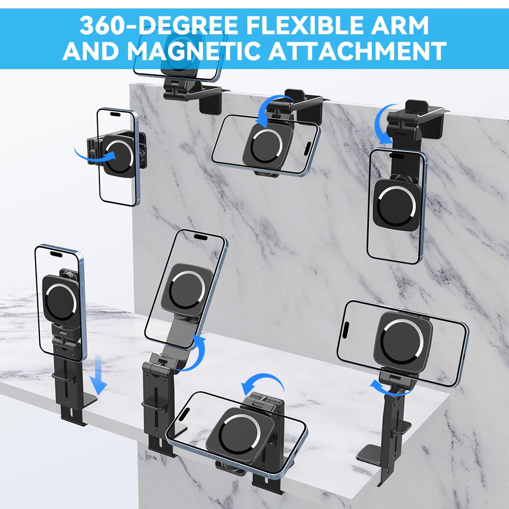 ZORBES Desk Phone Holder 360 ° Rotatable Magnetic Phone Holder Adaptable Phone Holder Clamp-On Folding Travel Phone Holder for Desk, Airplane Seat Tray, Car Seat, Luggage Pull Handle