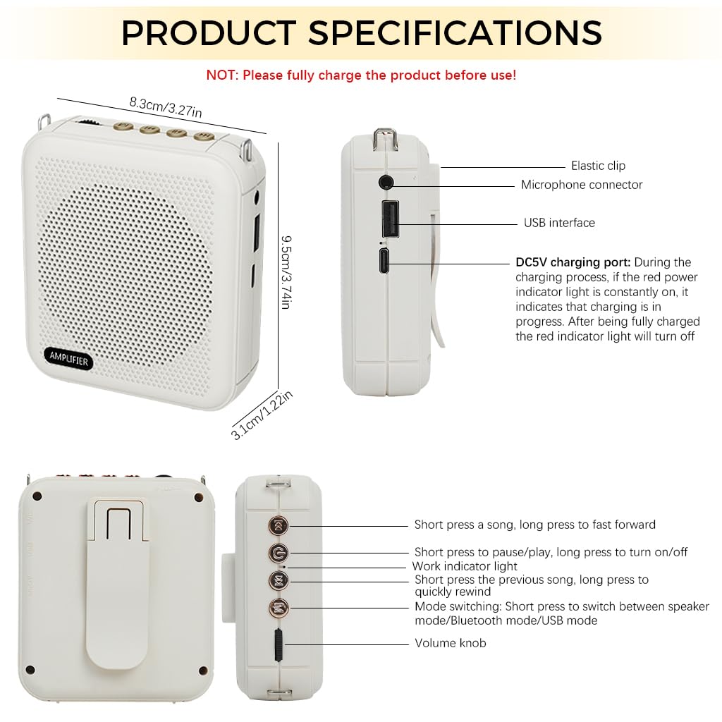 ZORBES 10W Mini Voice Amplifier Portable Rechargeable with Wired Microphone Headset & Waistband, Voice Amplifier for Teachers, Presentation, Tour Guides, Meeting, Coaches(White)
