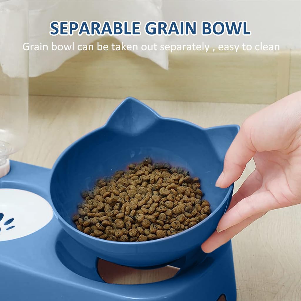 Qpets Cat Dog Feeding Bowl, 2 in 1 Pet Food Bowl with Water Bowl, High Footed Cat Bowl Cartoon Anti Overturning Automatic Refilling Feeding Bowl for Small and Medium Pets Cats Puppies