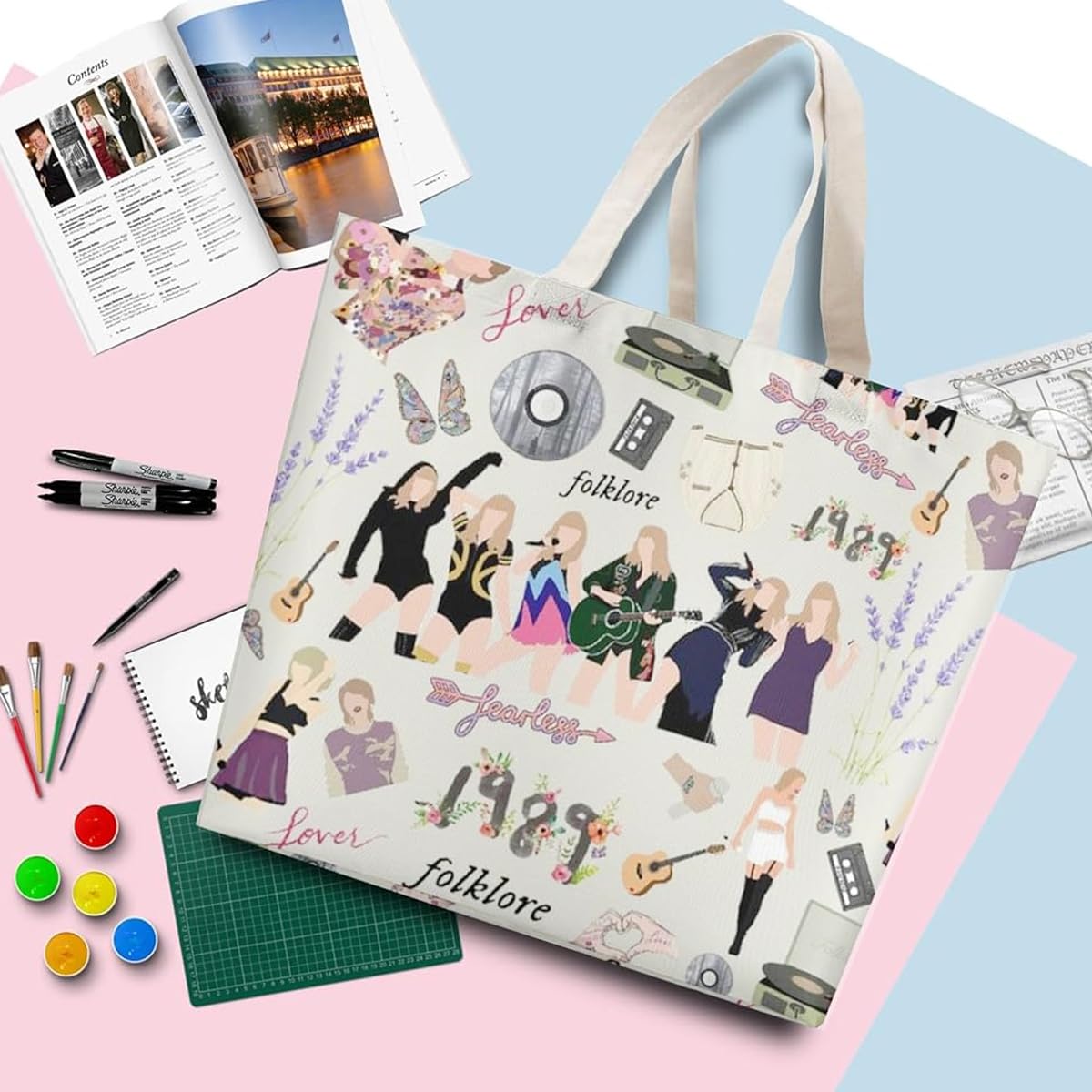 PALAY Girls Tote Bag Taylor Swift Print Canvas Bag Cartoon Picture Print Shopping Bag Zipper Bag Book Bag Taylor Swift Fans Merchandises Gift Tote Bag