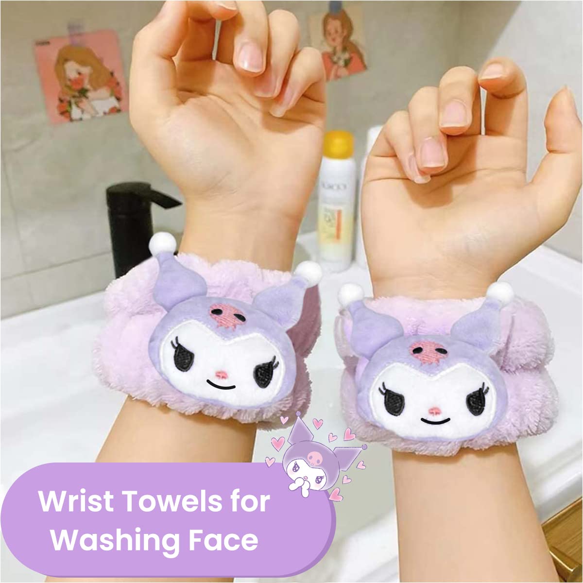MAYCREATE Spa Wrist Band for Face Wash, Cute Cartoon Wristbands Wrist Towels for Washing Face, Microfiber Absorbent Wrist Sweat Bands for Women Girls Kids (Purple, 1 Pair)