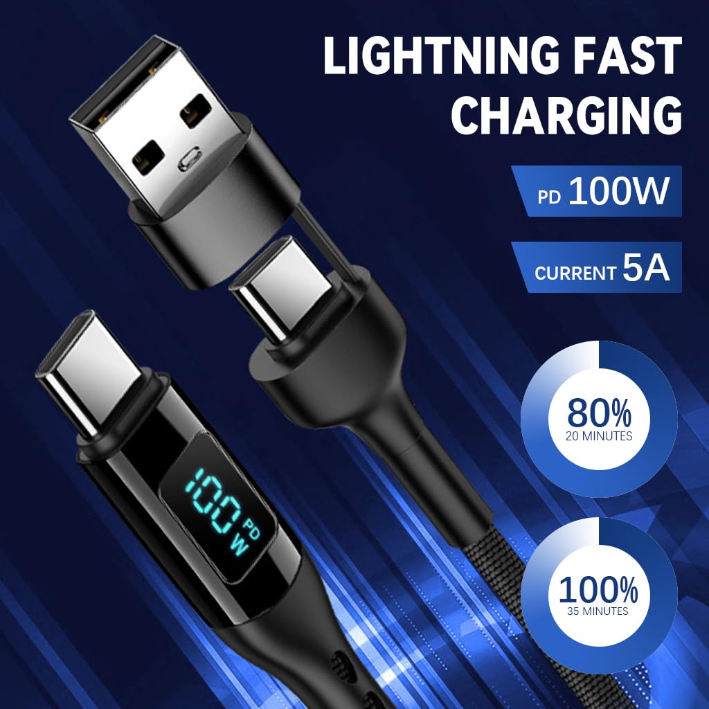 Verilux 2 in 1 Type C to Type C Cable, PD 100W Fast Charging & Data, 3.9Ft USB A/USB C to USB C Nylon Braided Cable, 480Mbps Data Cable with LED Display for iPhone 15, Galaxy /S23, iPad Air 4, Laptop