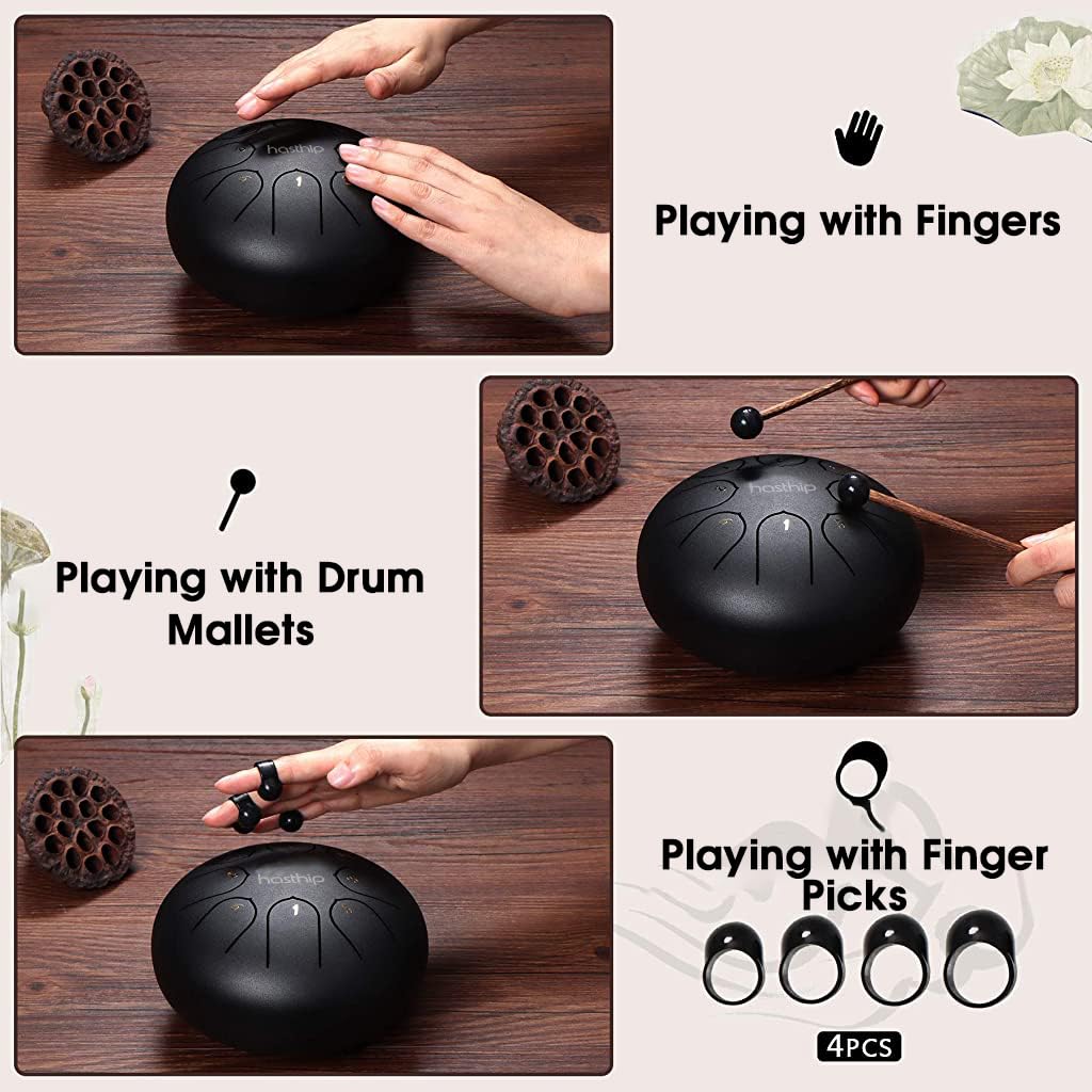 HASTHIP Steel Tongue Drum 8 Note, 6 inch Percussion Instrument Handpan Drum with Bag, Music Book and Mallets for Kids and Adults Meditation Musical Education Concert Mind Healing Yoga (Black)