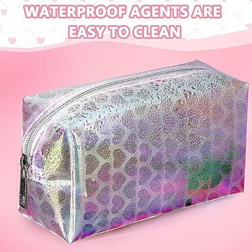 MAYCREATE Makeup Pouch Organizer TPU Semi-Transparent Cosmetic Bag, Holographic Heart Print Cosmetic Travel Bag for Women Girls, Zipper Toiletry Bag Pencil Pouch