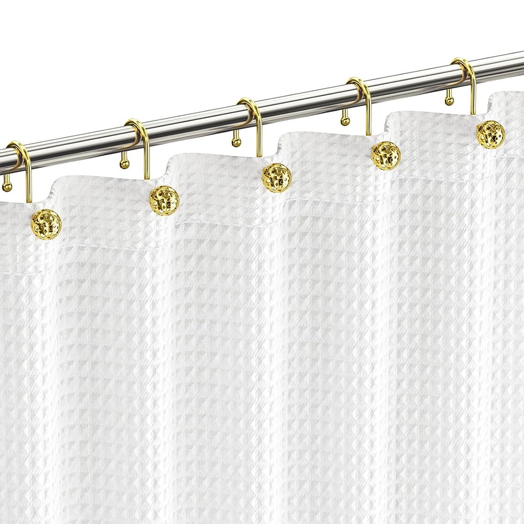 HASTHIP 12Pcs Bathroom Shower Curtain Hooks Modern Golden Hollow Out Ball Shower Curtain Hooks for Home Decor Open Hanging Shower Curtain Hooks Universal Bathroom Shower Curtain Hooks