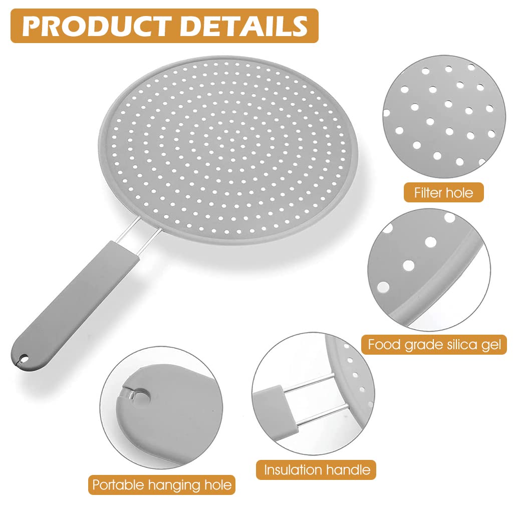 HASTHIP 11inch Frying Pan Non-Stick Cover, Silicone Splatter Screen Pan Cover with Heat Insulation Handle, Heat Insulation Cooling Mat, Strainer, Drain Board, Oil Splash Guard for Frying Pan