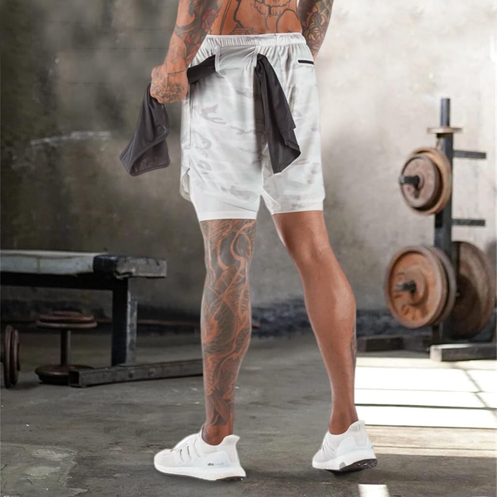 Optifit Running Shorts for Men with Multi Pocket, 2 Layer Invisible Sport Shorts Pants with Invisible Pocket for Running Hiking Gym Yoga Outdoor Exer, Quick Dry & Breathable Material (XXXL) White