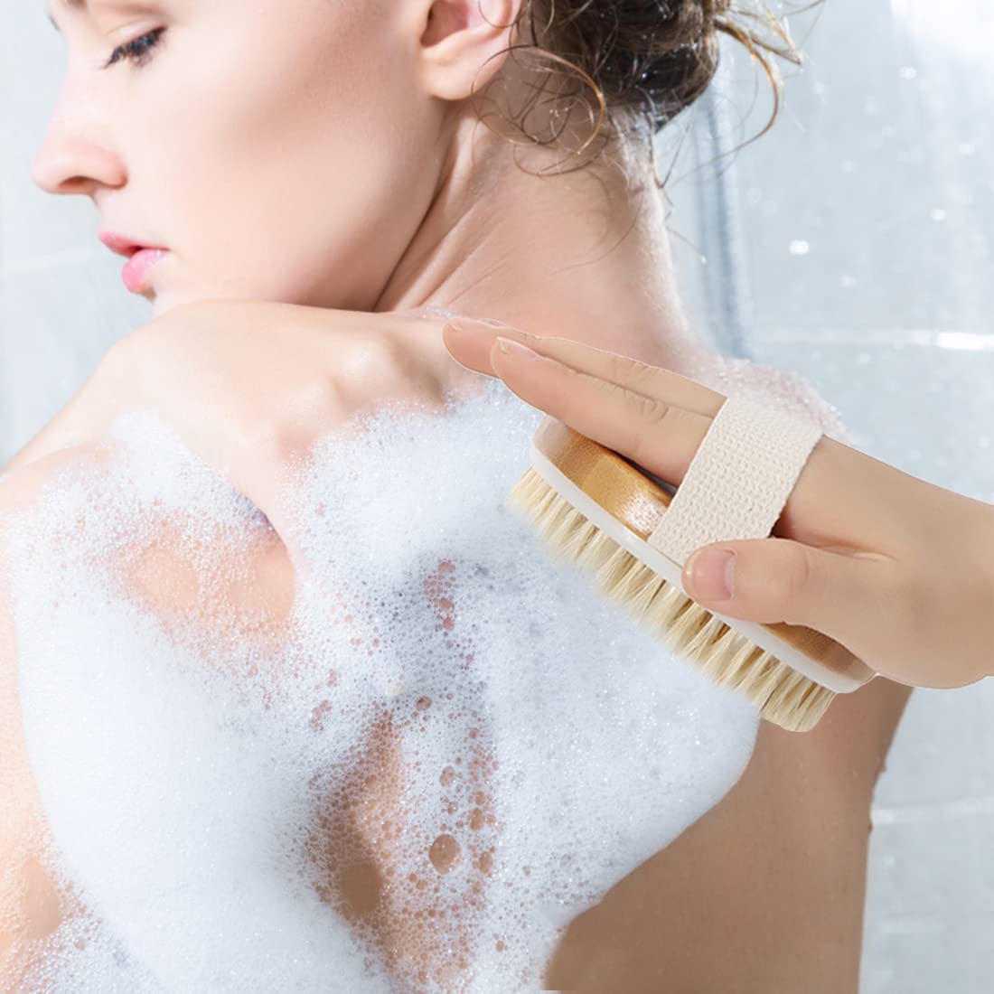 MAYCREATE Body Massage Brush for Bathing,Bath Body Scrubber Wet or Dry Body Brush Natural Bristles with Massage, Nodules Reducing Cellulite Toxins and Lymphatic