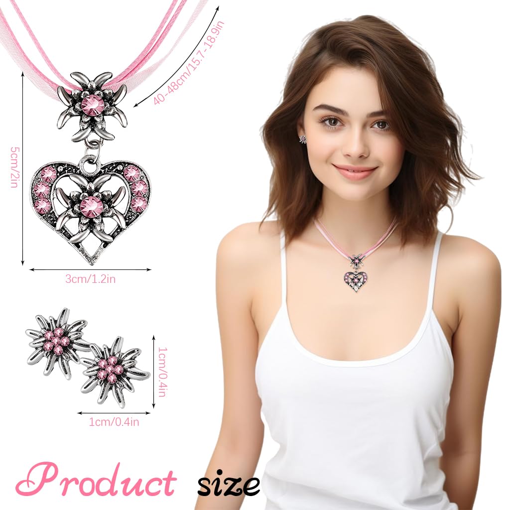 SANNIDHI Set of 3 Women Necklace Jewelry Set Vintage Baroque Pink Heart Necklace Earstuds Jewelry Set Rhinestone Embellishment Charming Necklace Earstuds Jewelry Gift Christmas Gift for Women