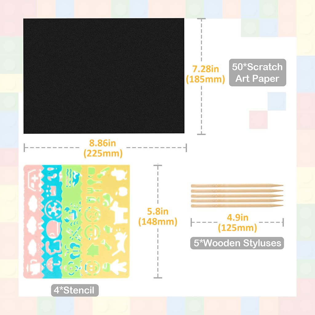 PATPAT DIY Art Paint Scratch-off Rainbow Art Paper Painting Kit Kids DIY Art Painting Kit No Paints Art Scratching Magic Paper DIY Rainbow Scratching Paper with Templates & Scratching Wood Stick
