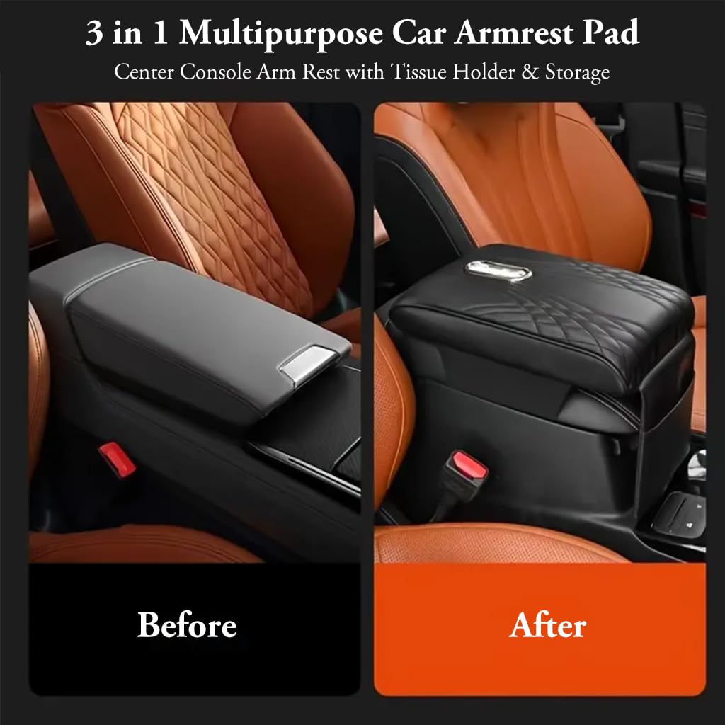 ZORBES Car Armrest Pad 3 in 1 Multipurpose Center Console Arm Rest with Tissue Holder & Storage Pouch Fashion PU Armrest Pad Car Center Console Pad Car Interior Accessory